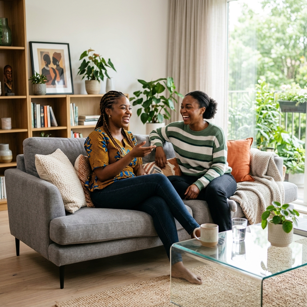 Two women sitting on couch