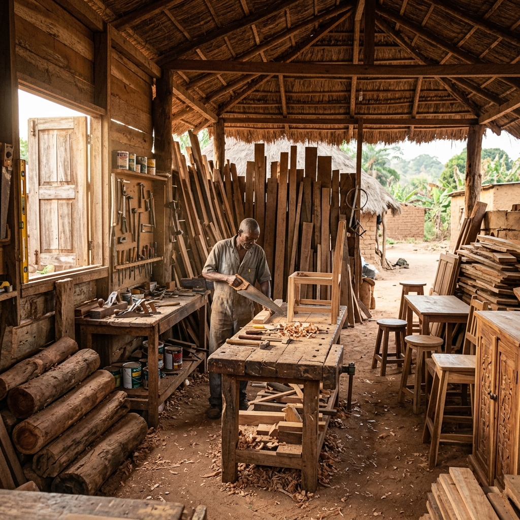 Carpentry workshop tools and wood